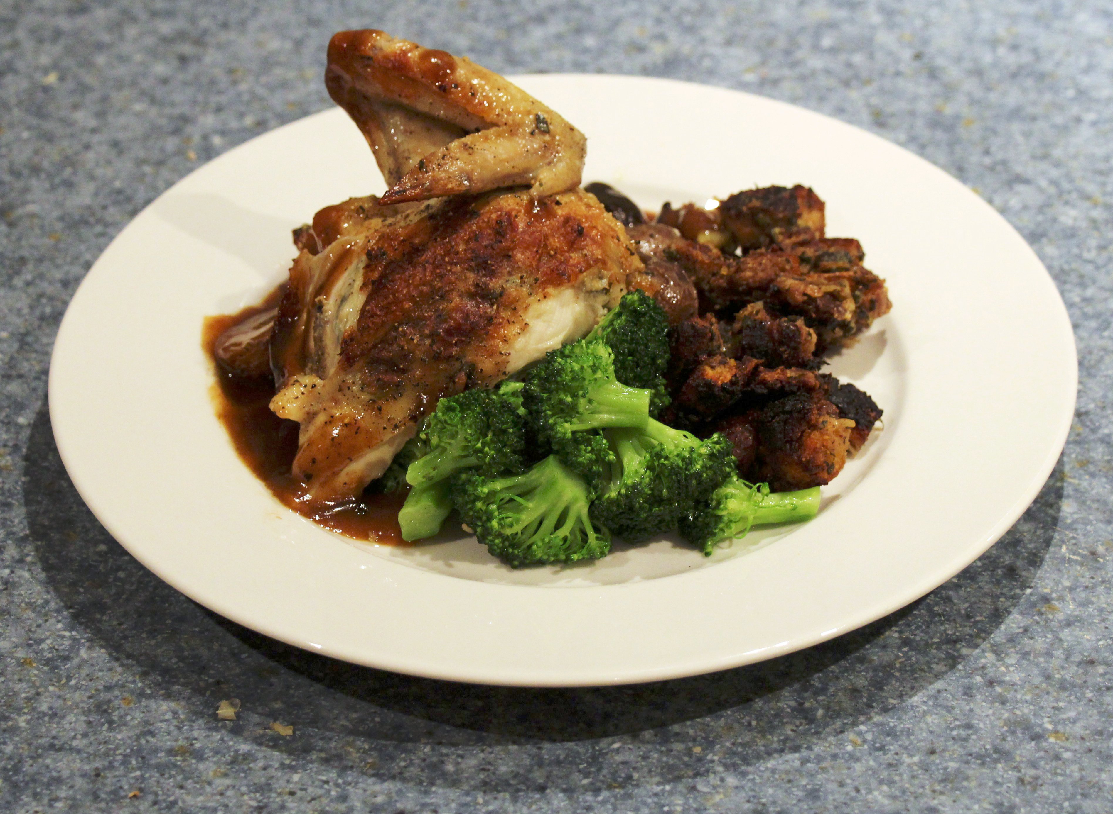Roast chicken with broccoli, stuffing and gravy on a white dinner plate